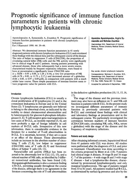 PDF Prognostic Significance Of Immune Function Parameters In Patients