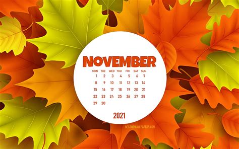 2021 November Calendar Background With Autumn Leaves November 2021