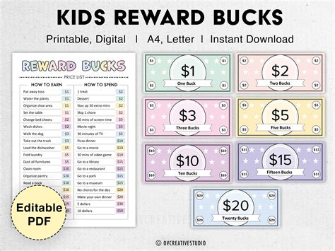 Editable Kids Reward Bucks Printable Mom Bucks Pdf Reward Etsy Canada