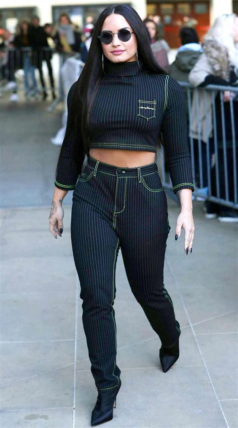 Demi Lovato Bares Stomach In Matching Pinstripe Crop Top And Pants