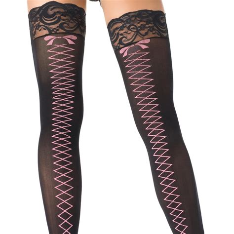 Leg Avenue 9550 Opaque Hold Ups With Corset Contrast Backseam At Shq