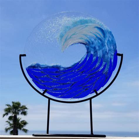 Blue Storm Wave 12 Round Fused Glass Waveocean Wall Decorcolorful