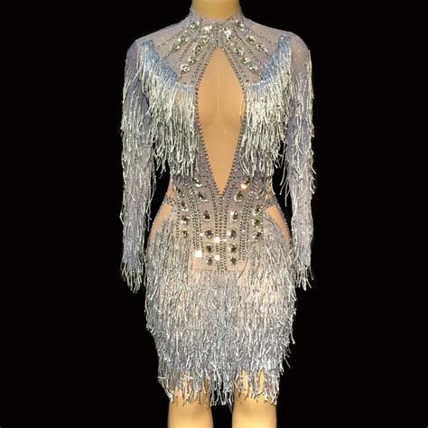 Sparkly Rhinestone Crystal Dress Women Birthday Celebrate Costume