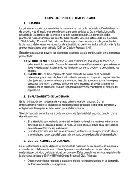 Etapas Del Proceso Civil Peruano Pdf Demanda Judicial Ley Procesal