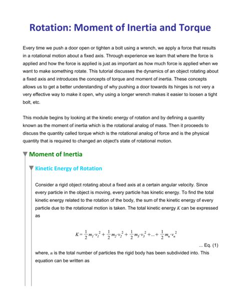Rotation Moment Of Inertia And Torque
