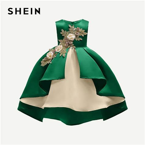 Shein Green Toddler Girls Appliques Detail Dip Hem Party Dress Girls
