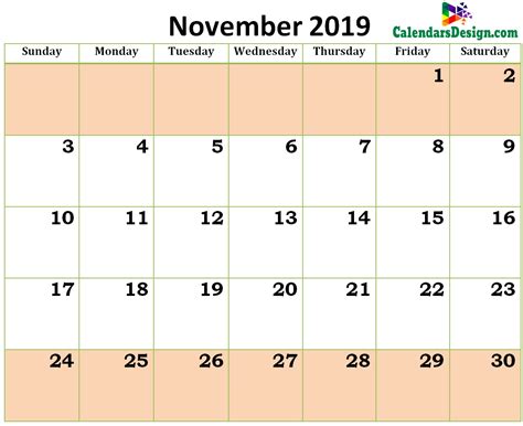 November 2019 Calendar Excel