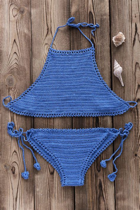 [16 off] 2021 crochet high neck bikini set in blue zaful