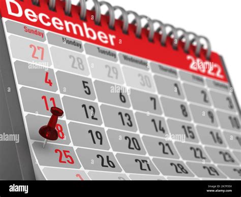 Red Pin Marking Christmas Day On Calendar On White Background Isolated