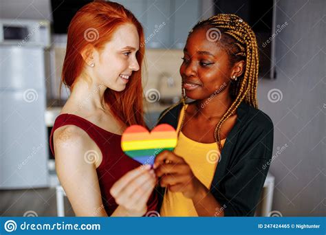 Cheerful Afro And European Lesbian Women At Home On The Bed Stock Image Image Of Beautiful