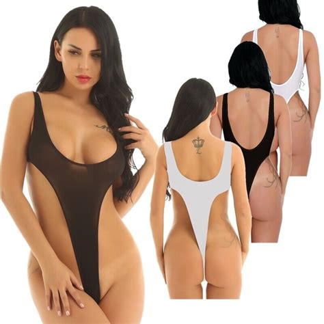 Women One Piece Lingerie High Cut Thong Bodysuit Scoop Neck See Through
