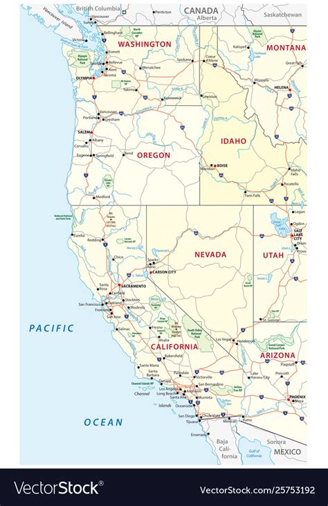 Western Us Road Administrative And National Pmap Vector Image