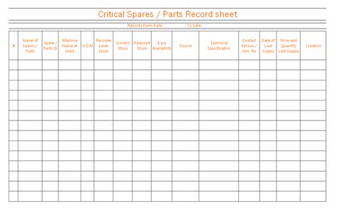 Critical Spares List Format Excel