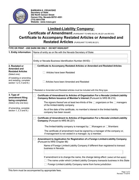 Nevada Limited Liability Company Certificate Of Amendmentcertificate To Accompany Restated