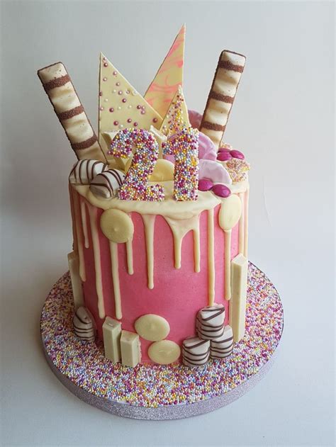 I made this cake for my friend for her 30th birthday. Pink 21st drip cake | Candy birthday cakes, Sweetie cake ...