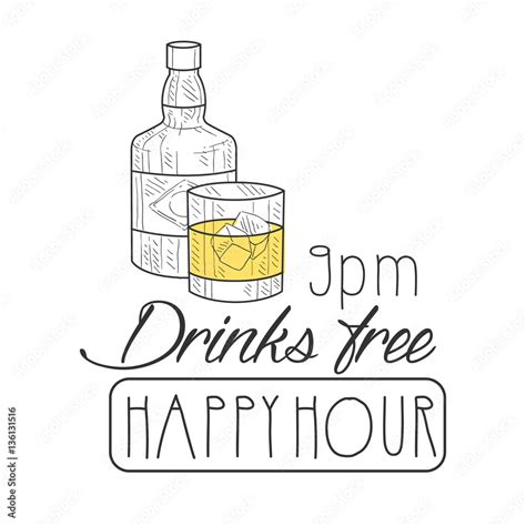 Bar Happy Hour Promotion Sign Design Template Hand Drawn Hipster Sketch