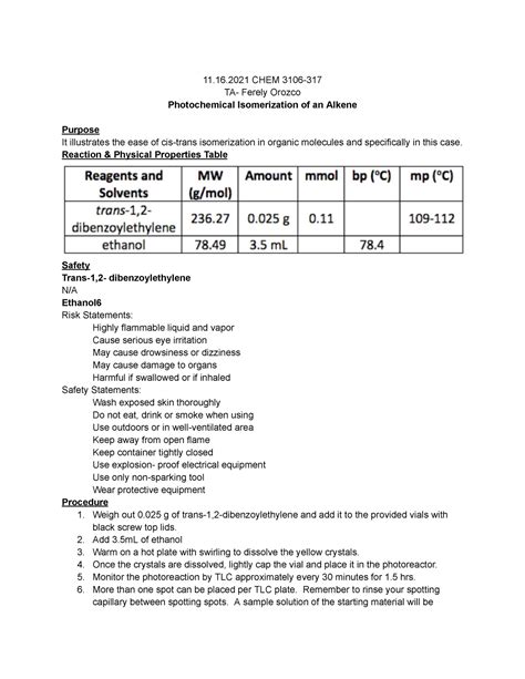 Lab 12 Ochem 1 Lab 12 1116 Chem 3106 Ta Ferely Orozco