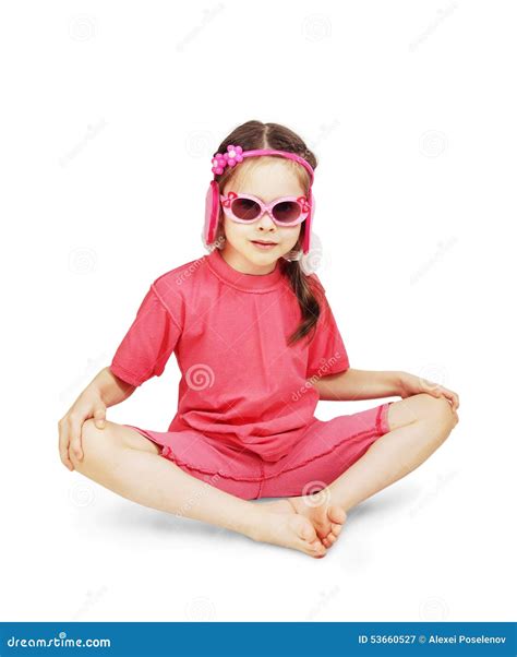 Little Cute Girl Wearing Pink Clothes Sitting Over White Stock Image