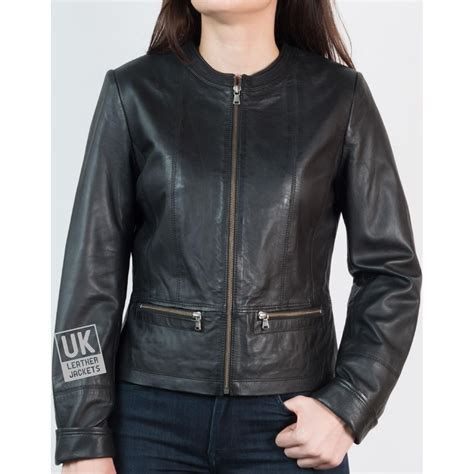 Womens Collarless Black Leather Jacket Kilder Free Uk Delivery