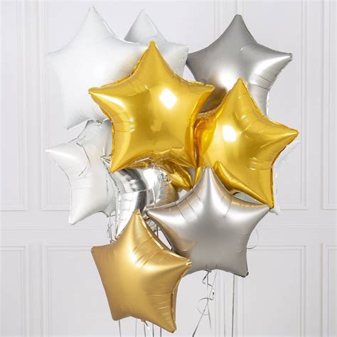 Ten White And Gold Inflated Star Foil Balloons By Bubblegum Balloons