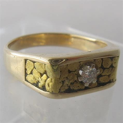 14k Gold Nuggets And Diamond Mens Ring Sz 105 Mid 1900s From