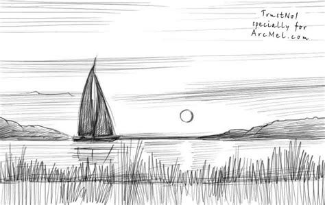 4 step:3 now draw the boat in this landscape drawing. How to draw sunset step by step | ARCMEL.COM
