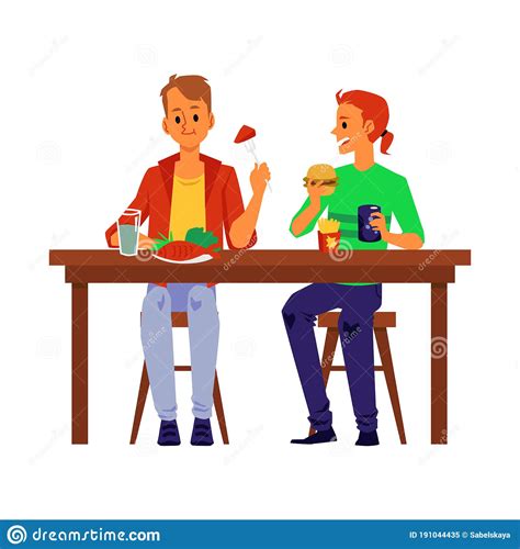 Men Talking While Eating In Restaurant Flat Vector Illustration