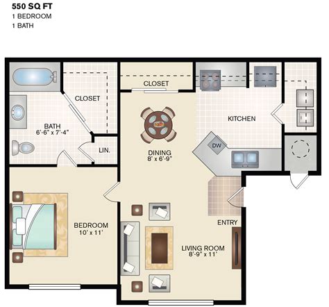 One Bedroom One Bath Floor Plan 550 Sq Ft Floor Plans House