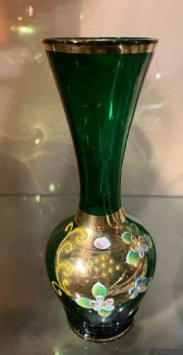 Vintage Murano Glass Vase Green Venetian 24k Gold Gilde Hand Painted Rare Old Ebay