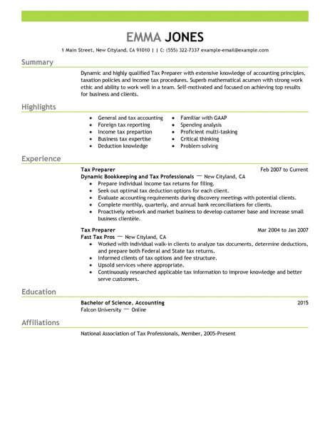Professional Income Tax Preparer Resume Examples