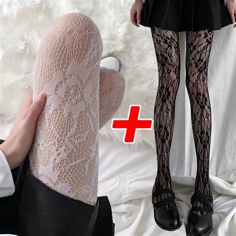 1 2pairs Sexy Black White Hollowed Stockings Women Gothic Lace Mesh