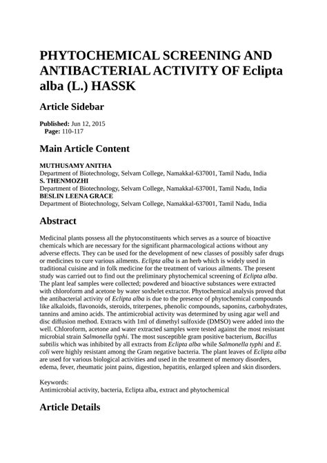 pdf phytochemical screening and antibacterial activity of eclipta alba l hassk