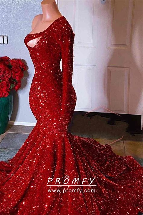 Red Sequin One Shoulder Sleeved Trumpet Prom Dress Promfy