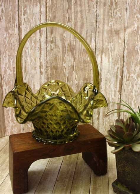 Vintage Green Glass Ruffle Edge Basket With Handle Diamond Etsy