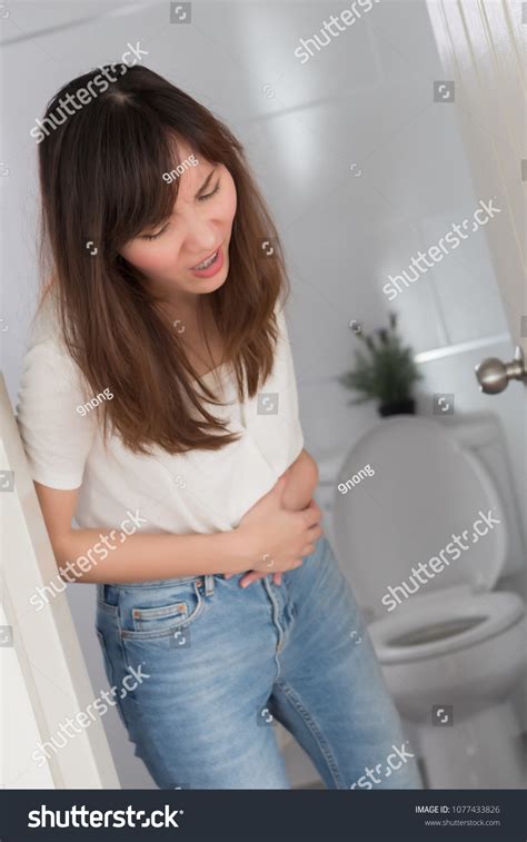 Woman Diarrhea Symptom Sick Woman Suffering Stock Photo 1077433826
