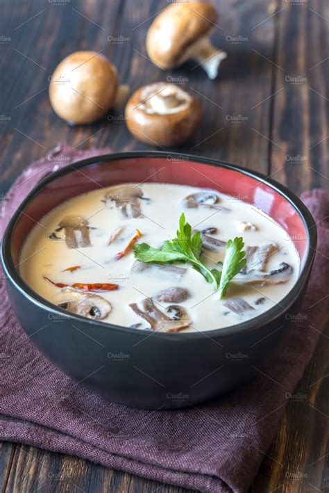 Make sure to discard the galangal or ginger slices, kaffir lime leaves, and lemongrass before serving. Bowl of thai tom kha soup | Tom kha soup, Food, Healthy herbs