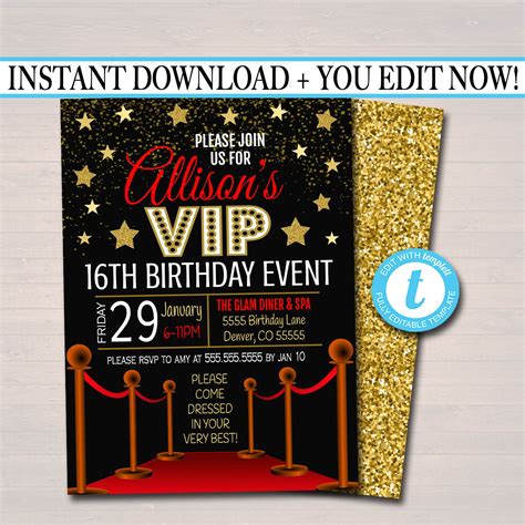 Editable Red Carpet Birthday Invitation Hollywood Movie Party Invite