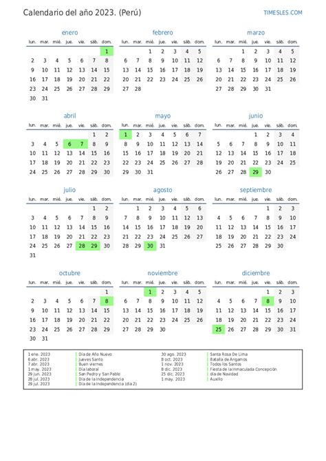 Calendario 2023 Con Días Festivos En Perú Imprimir Y Descargar Calendario