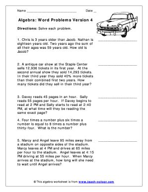 This worksheet has four word problems on it with both addition and subtraction problems on it with facts up to 20. Fillable Online Algebra Based Word Problems Version 4 ...