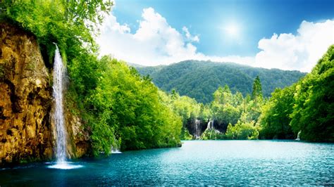 Waterfalls Near Leafed Green Trees Under Blue Sky 4k Nature Hd Desktop