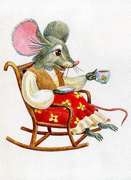 A Painting Of A Mouse Sitting In A Rocking Chair With A Tea Cup And Saucer
