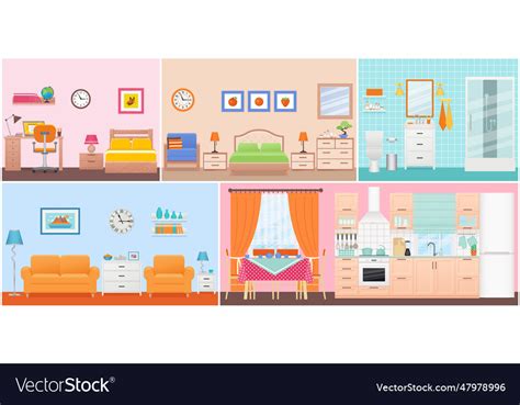 Room Interiors In Flat Design Cartoon House Vector Image