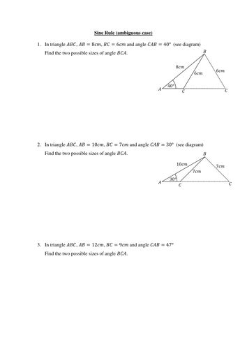 Sine Rule Ambiguous Case Worksheet Teaching Resources