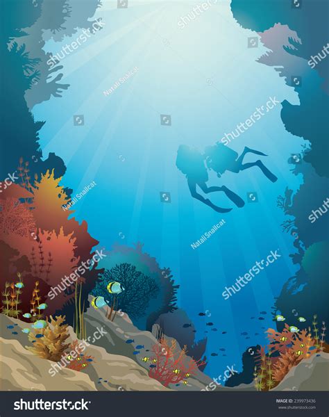 Coral Reef Underwater Cave Silhouette Two Stock Vector 239973436