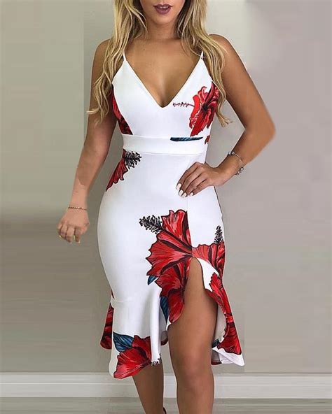 Spaghetti Strap Floral Print Slit Ruffles Dress Online Discover Hottest Trend Fashion At