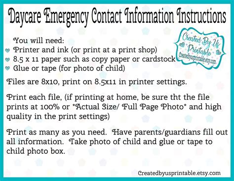 Instant Download Daycare Emergency Contact Form Child Care Etsy