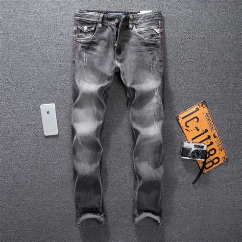 Italian Style Fashion Mens Jeans High Quality Black Gray Slim Fit Ripped Jeans For Men Pants