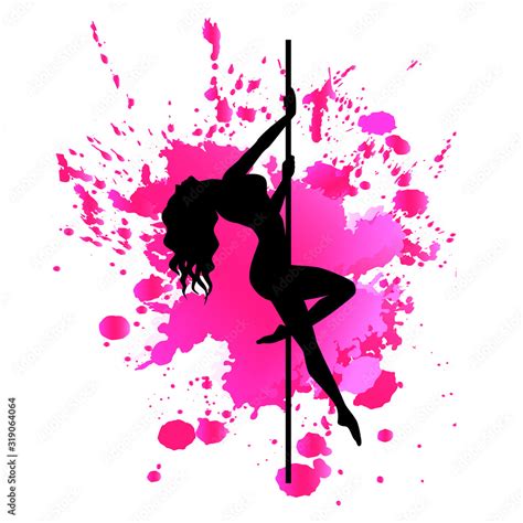 Vector Black Silhouette Pole Dance On Pink Watercolor Blot On A White Background Hand Scketch