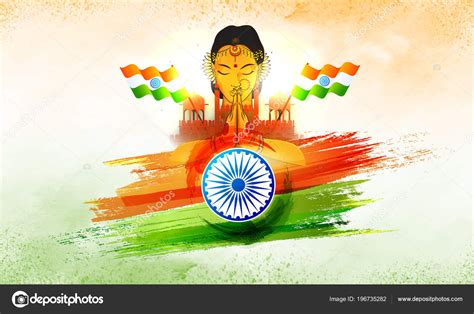 Indian Woman Greeting Namaste Ashoka Wheel Waving Flags Grungy Color