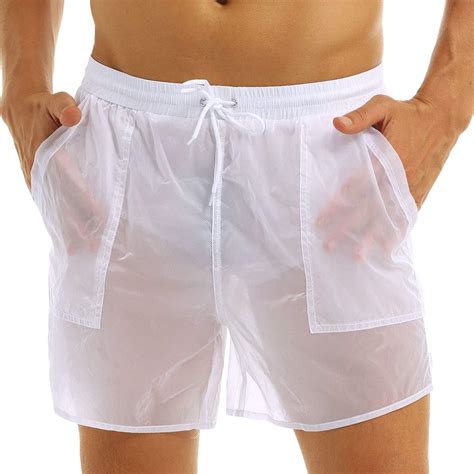 Acsuss Mens Mesh Sheer See Through Boxers Shorts Drawstring Swim Trunks Underwear Pocket White